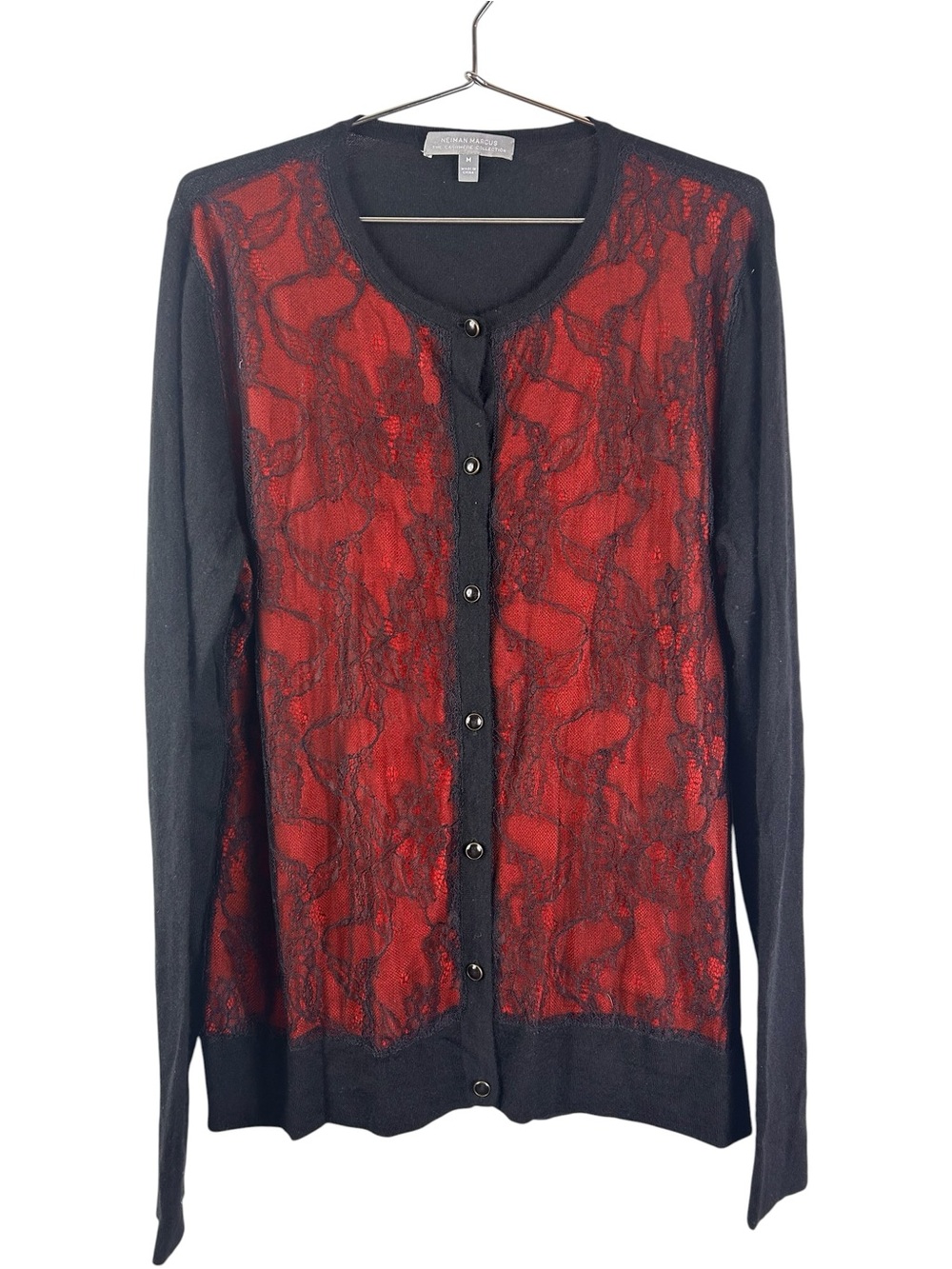 Neiman Marcus Women’s Cashmere Red Lace Front Cardigan with Black Trim